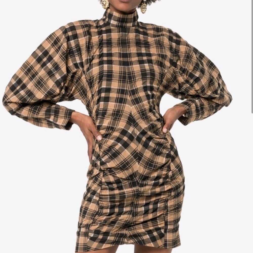 Ganni Tan and Black Plaid High-Neck Ruched Mini Dress